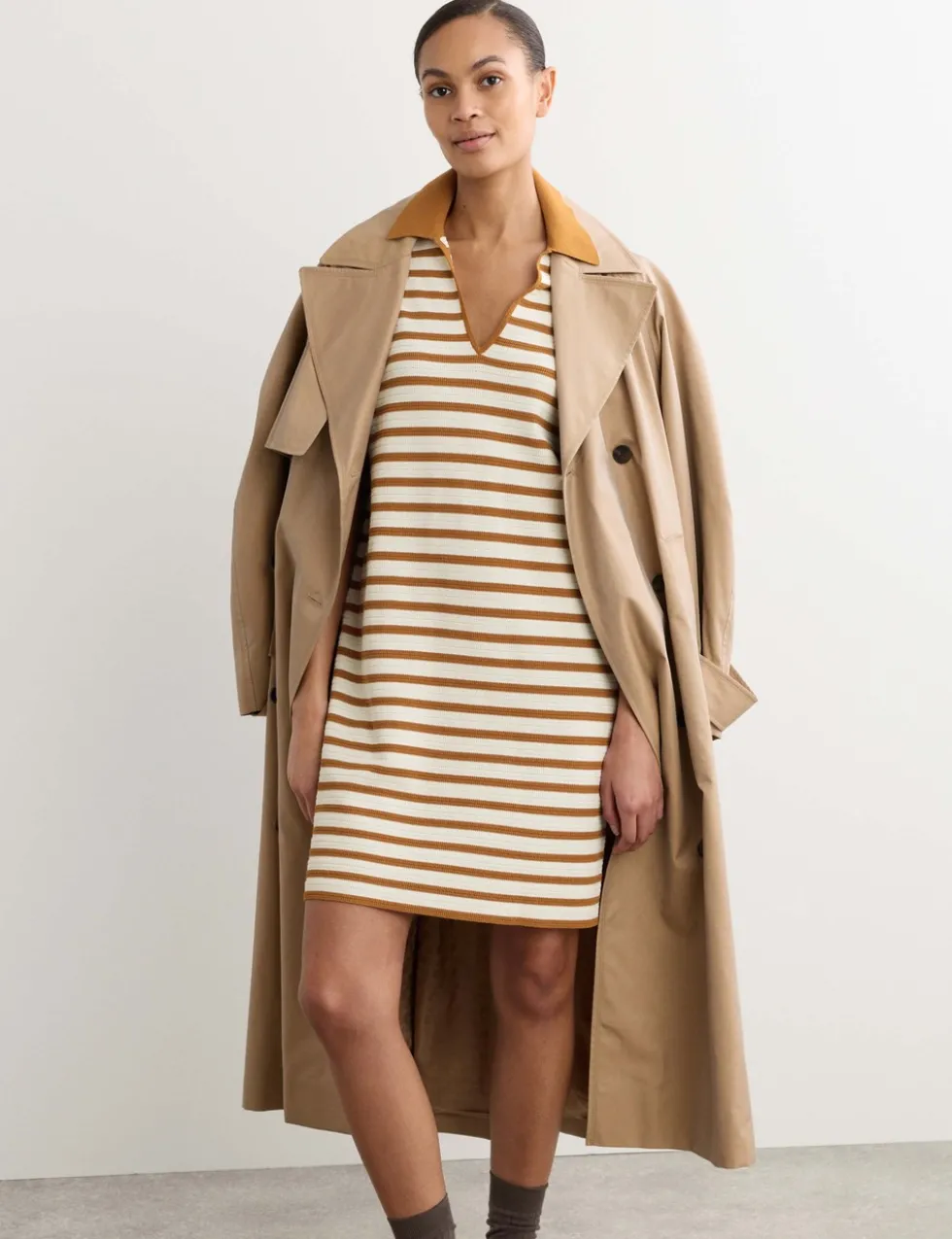 Cotton Blend Knitted Striped V-Neck Dress