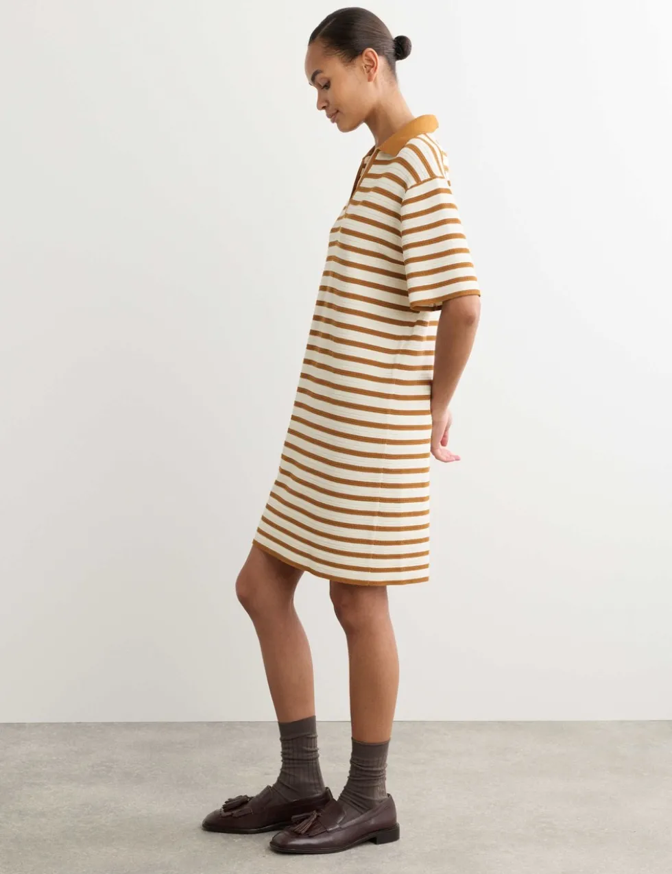 Cotton Blend Knitted Striped V-Neck Dress