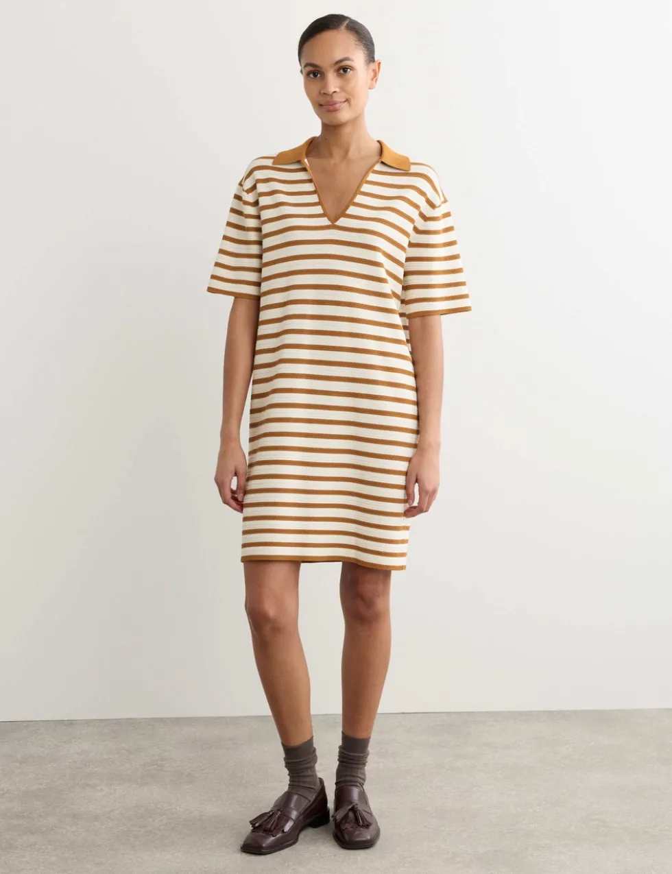 Cotton Blend Knitted Striped V-Neck Dress