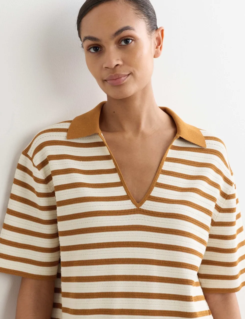 Cotton Blend Knitted Striped V-Neck Dress