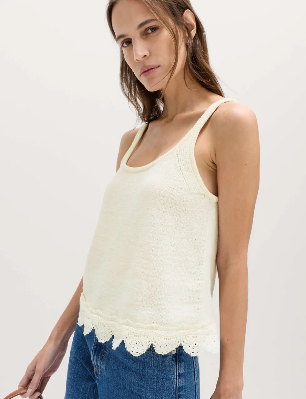 Cotton Blend Lace Detail Cropped Knitted Vest