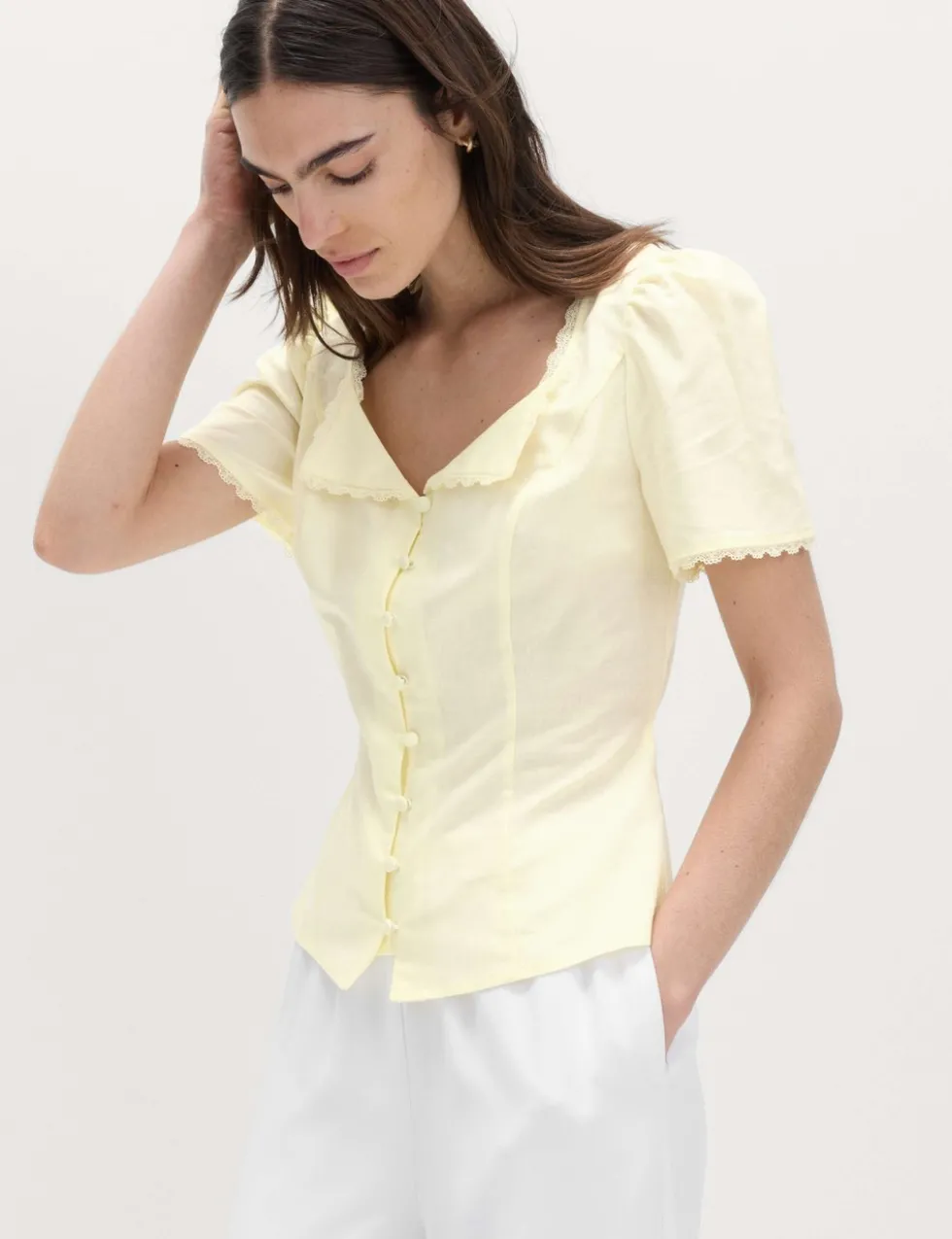 Cotton Blend Lace Detail Waisted Top