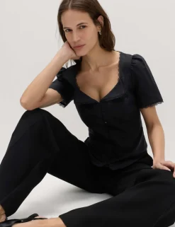 Cotton Blend Lace Detail Waisted Top