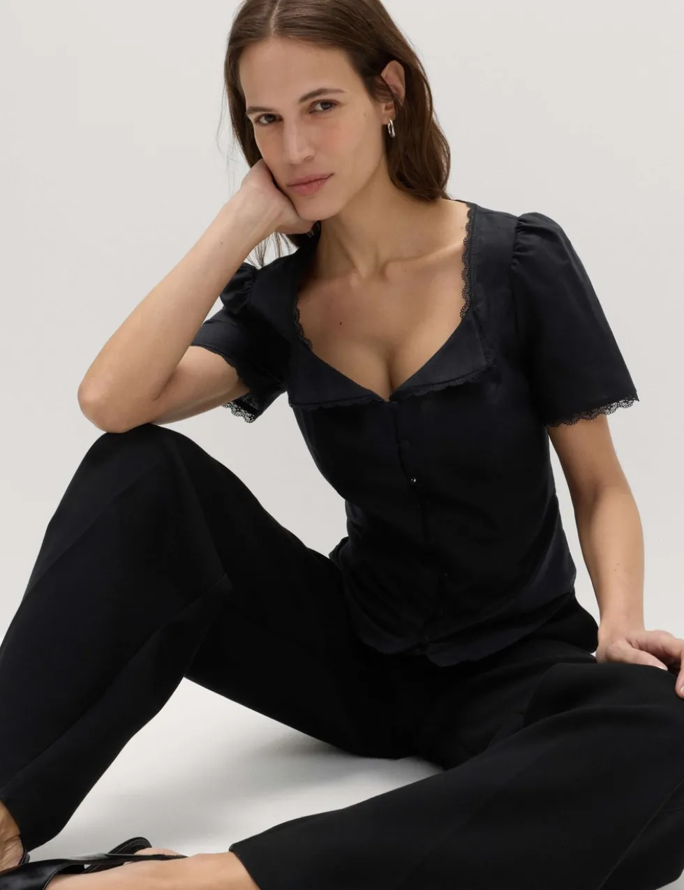 Cotton Blend Lace Detail Waisted Top