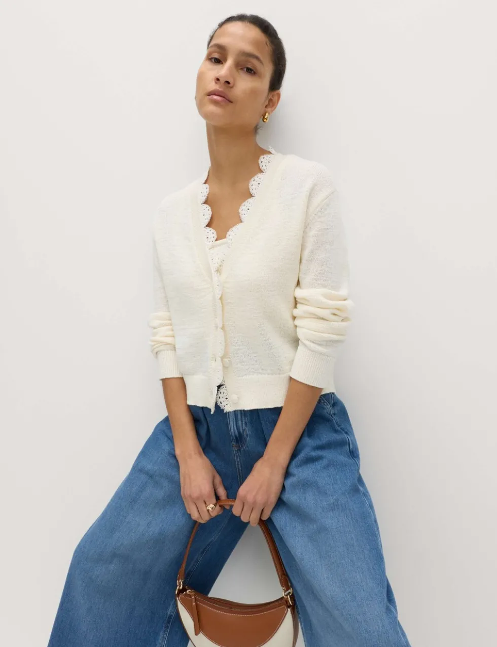 Cotton Blend Lace Trim V-Neck Cardigan