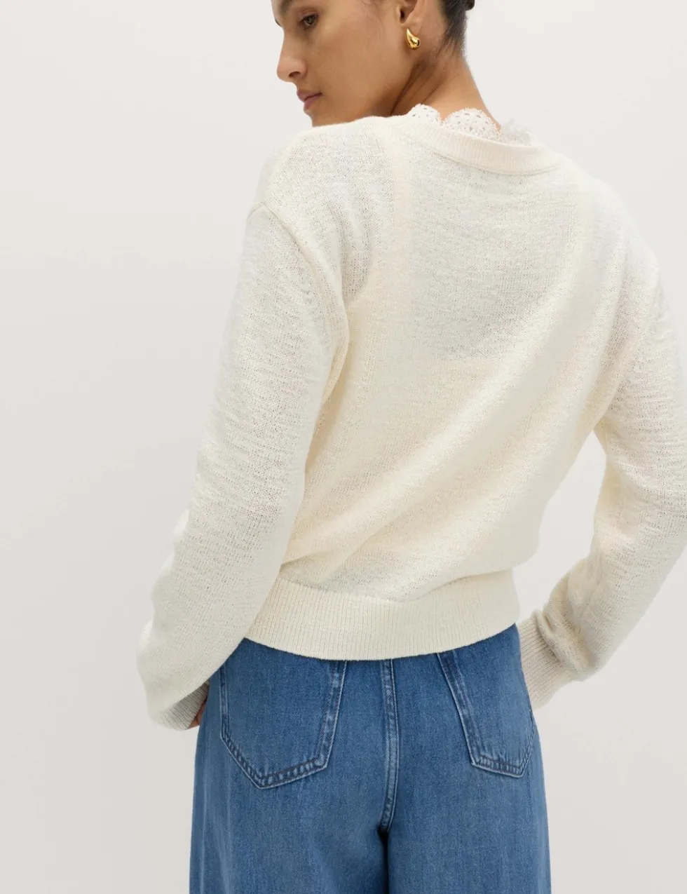 Cotton Blend Lace Trim V-Neck Cardigan