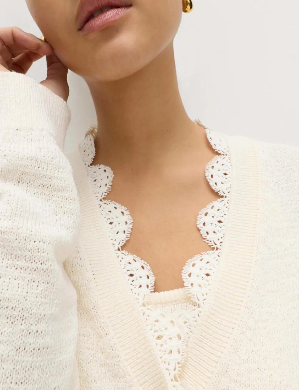 Cotton Blend Lace Trim V-Neck Cardigan