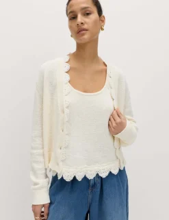 Cotton Blend Lace Trim V-Neck Cardigan