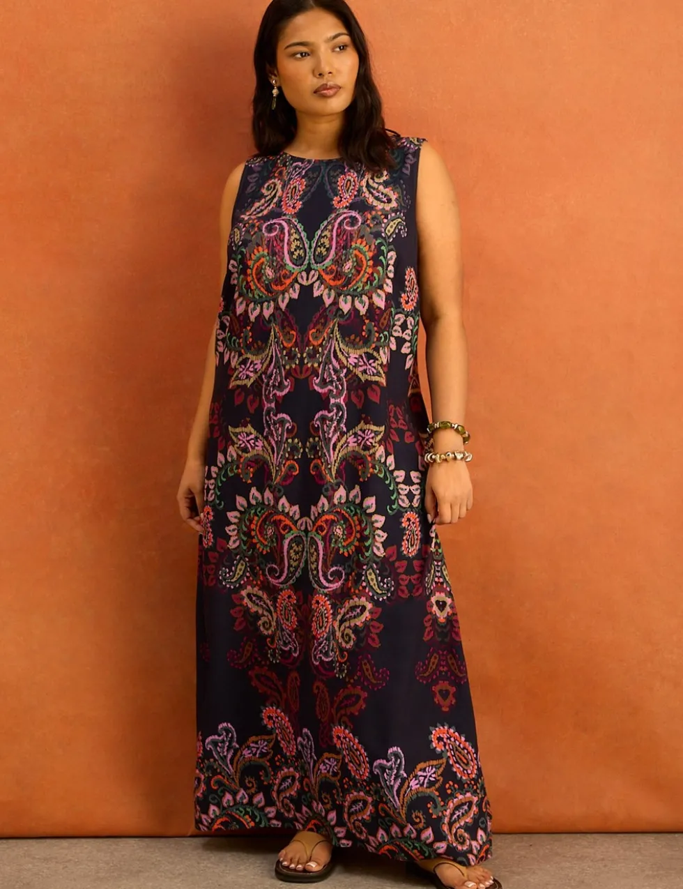 Cotton Blend Paisley Maxi Shift Dress
