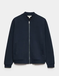 Cotton Blend Pique Bomber Jacket