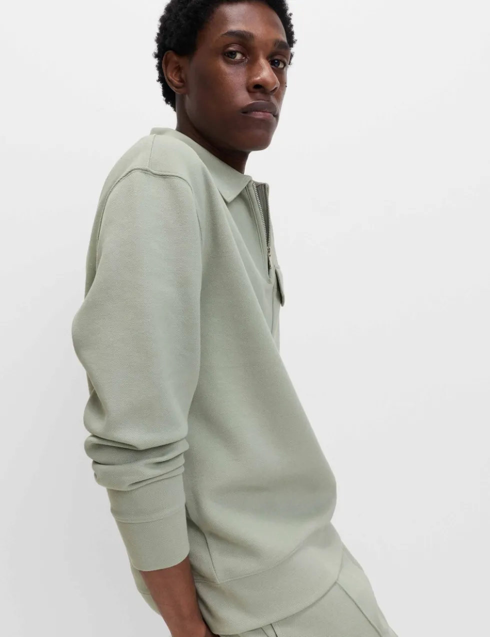 Cotton Blend Pique Half Zip Top