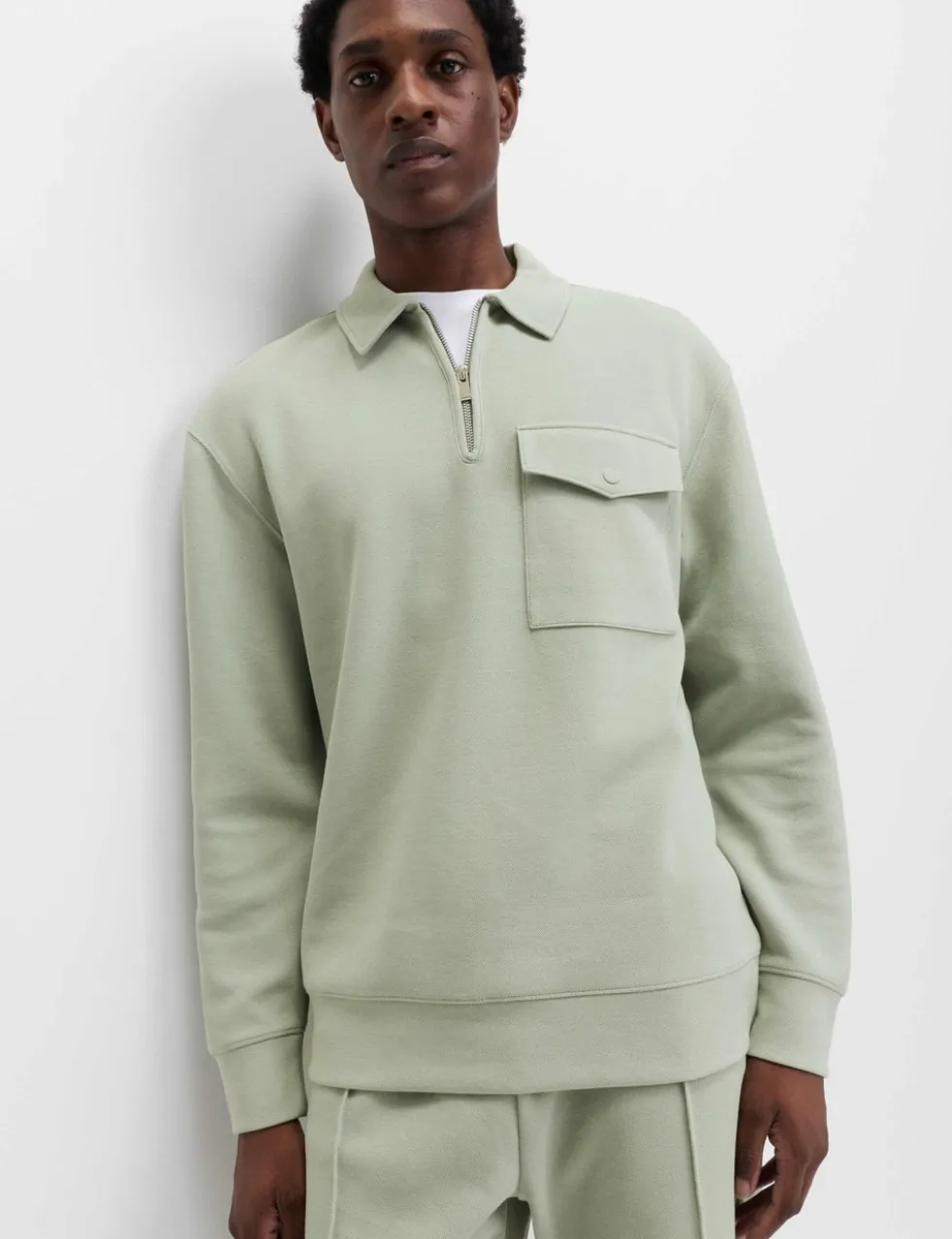 Cotton Blend Pique Half Zip Top