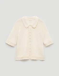 Cotton Blend Pointelle Collared Cardigan