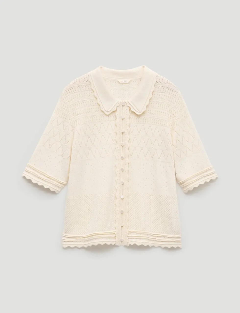 Cotton Blend Pointelle Collared Cardigan