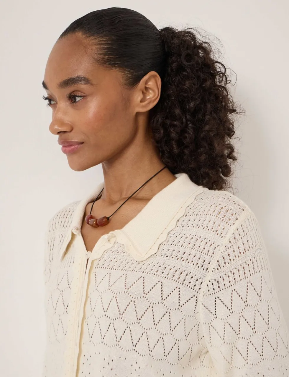 Cotton Blend Pointelle Collared Cardigan