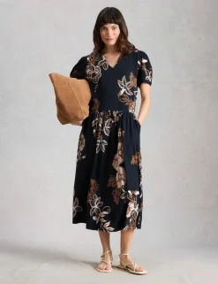Cotton Blend Printed Midi Waisted Dress