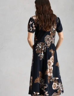 Cotton Blend Printed Midi Waisted Dress