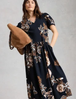 Cotton Blend Printed Midi Waisted Dress