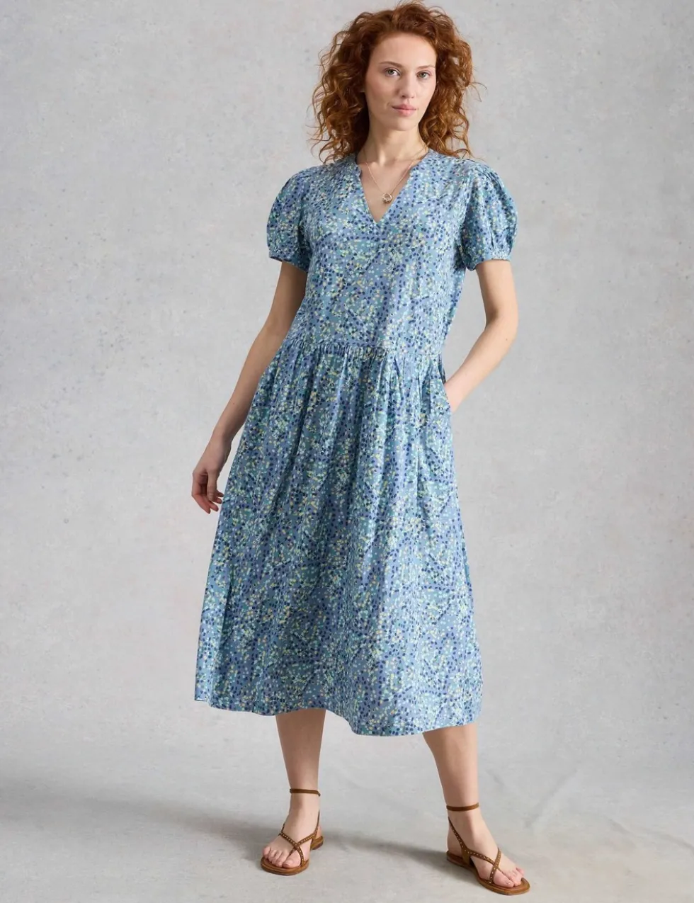Cotton Blend Printed Midi Waisted Dress