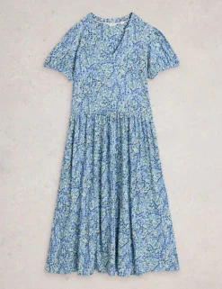 Cotton Blend Printed Midi Waisted Dress