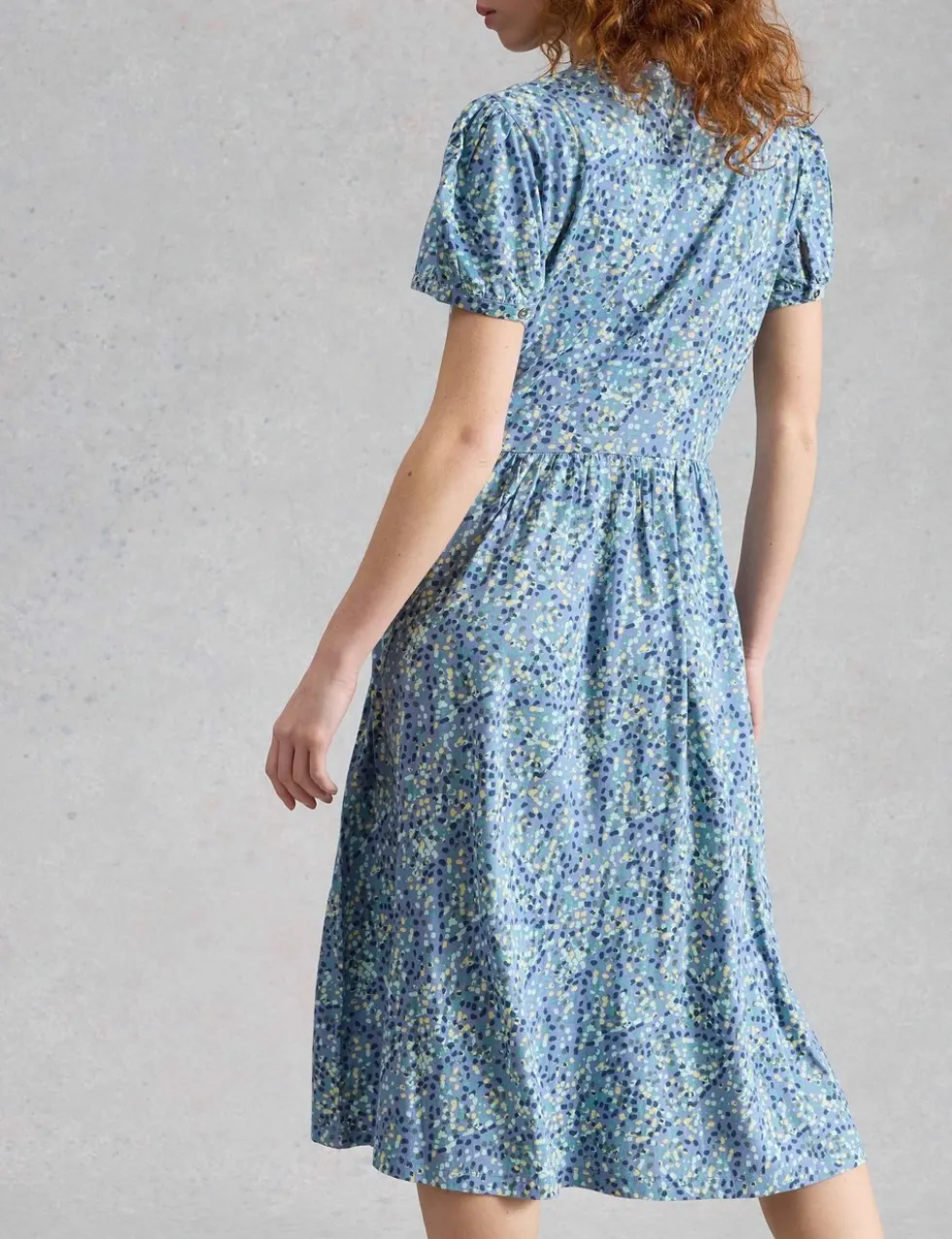 Cotton Blend Printed Midi Waisted Dress