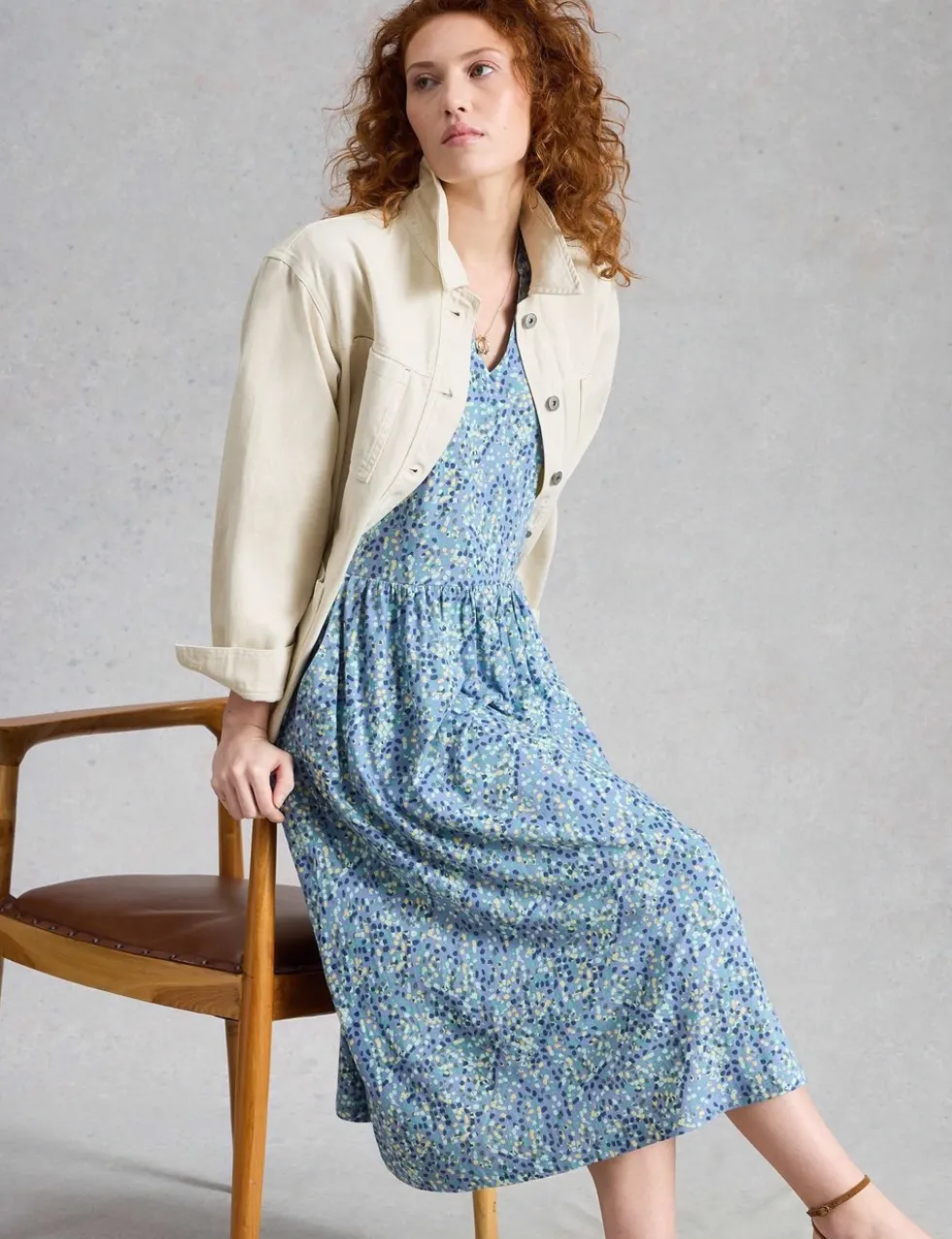 Cotton Blend Printed Midi Waisted Dress
