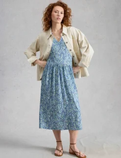 Cotton Blend Printed Midi Waisted Dress