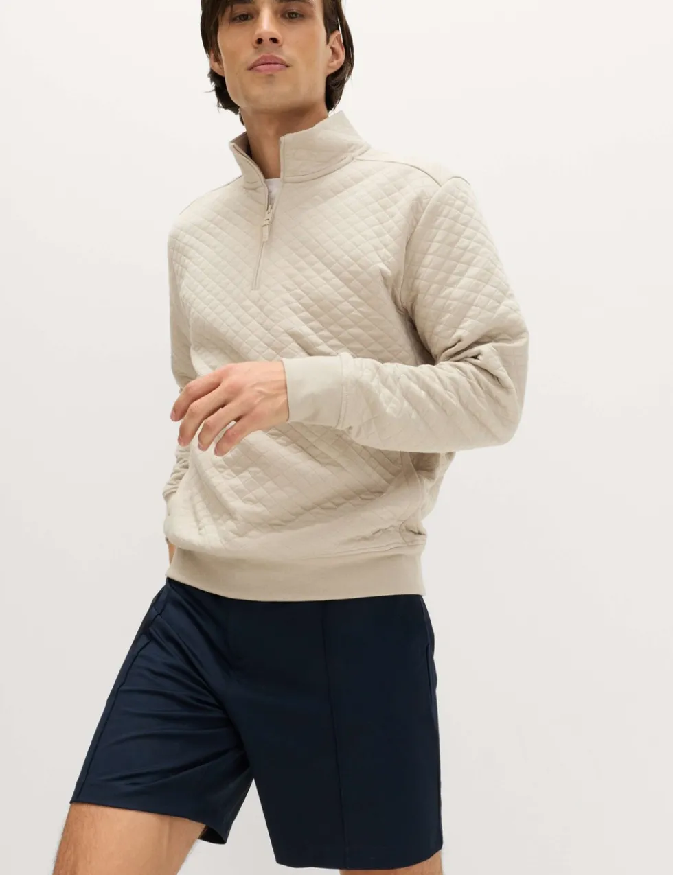 Cotton Blend Quilted Funnel Neck Sweatshirt