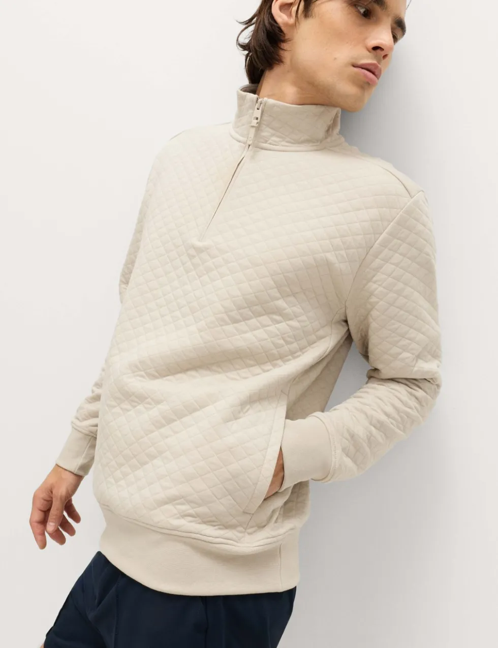 Cotton Blend Quilted Funnel Neck Sweatshirt