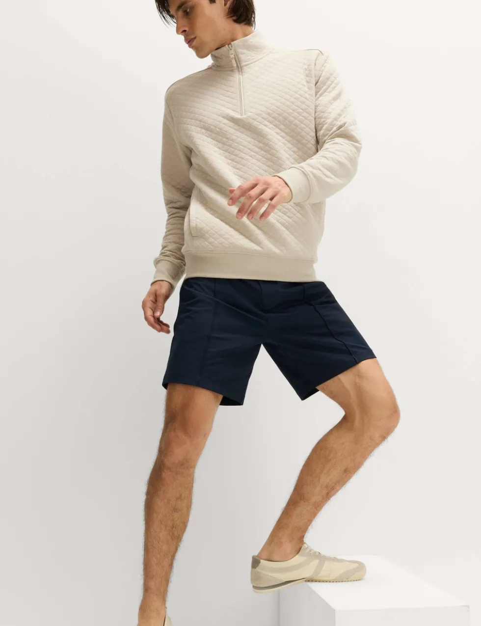 Cotton Blend Quilted Funnel Neck Sweatshirt