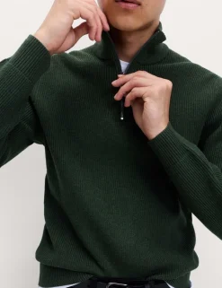 Cotton Blend Ribbed Half Zip Jumper