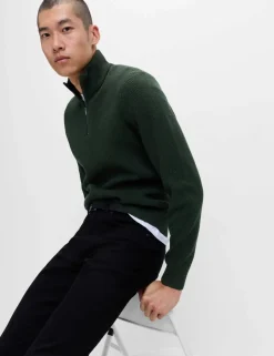 Cotton Blend Ribbed Half Zip Jumper