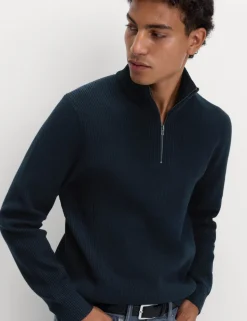 Cotton Blend Ribbed Half Zip Jumper