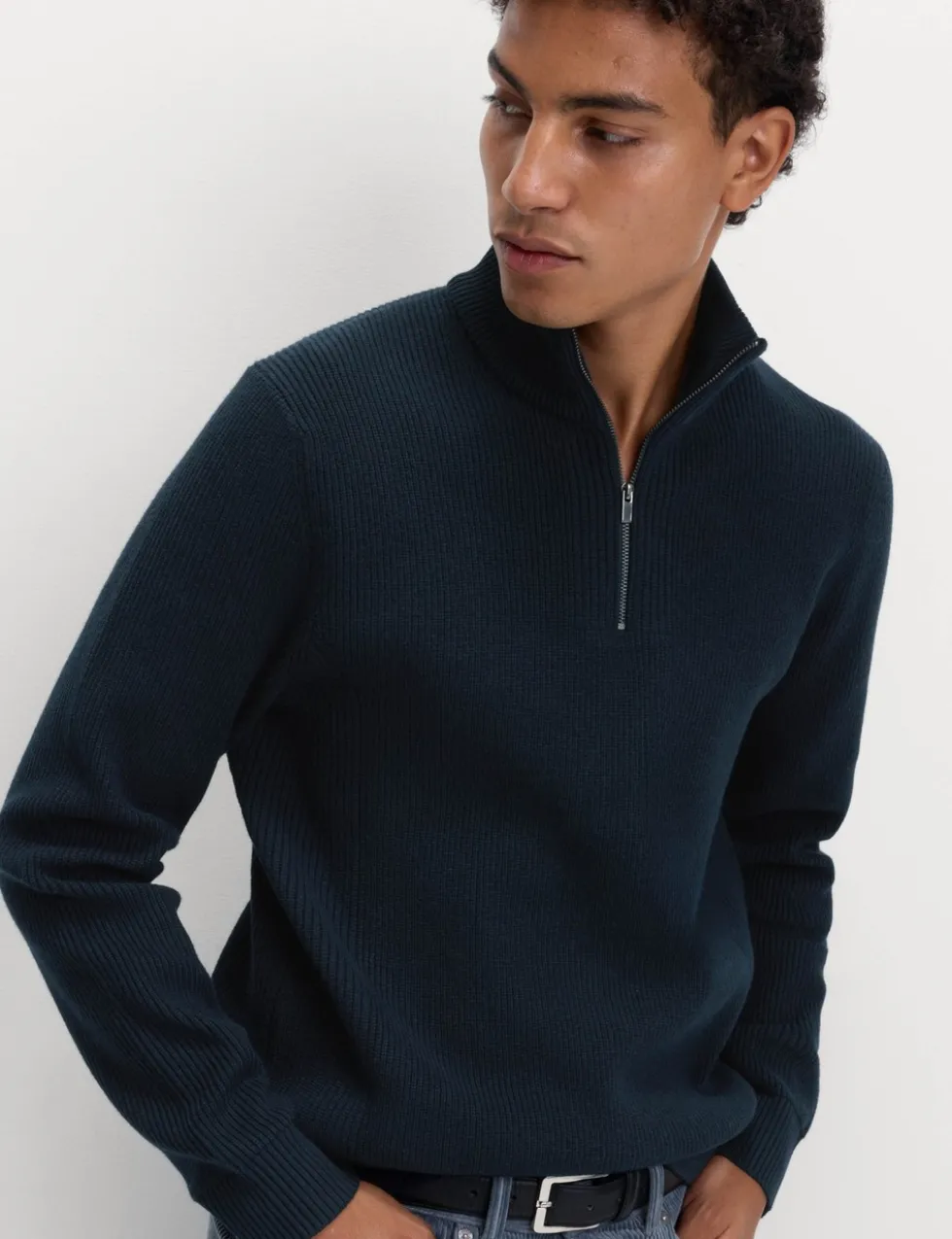 Cotton Blend Ribbed Half Zip Jumper