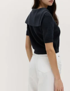 Cotton Blend Sailor Collared Cardigan