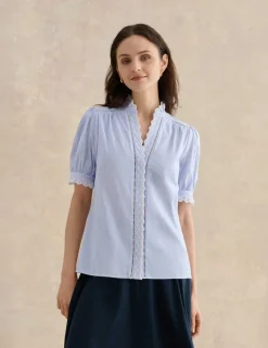 Cotton Blend Striped Broderie Detail Blouse