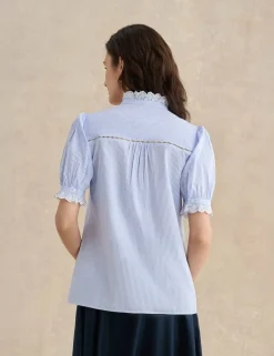 Cotton Blend Striped Broderie Detail Blouse