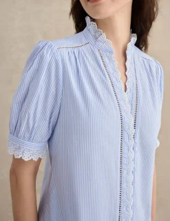 Cotton Blend Striped Broderie Detail Blouse