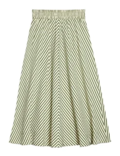 Cotton Blend Striped Midi A-Line Skirt