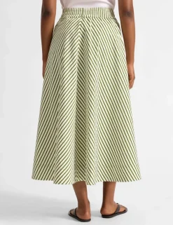 Cotton Blend Striped Midi A-Line Skirt