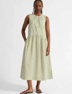 Cotton Blend Striped Midi Smock Dress
