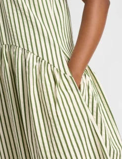 Cotton Blend Striped Midi Smock Dress