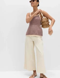 Cotton Blend Striped Square Neck Knitted Vest