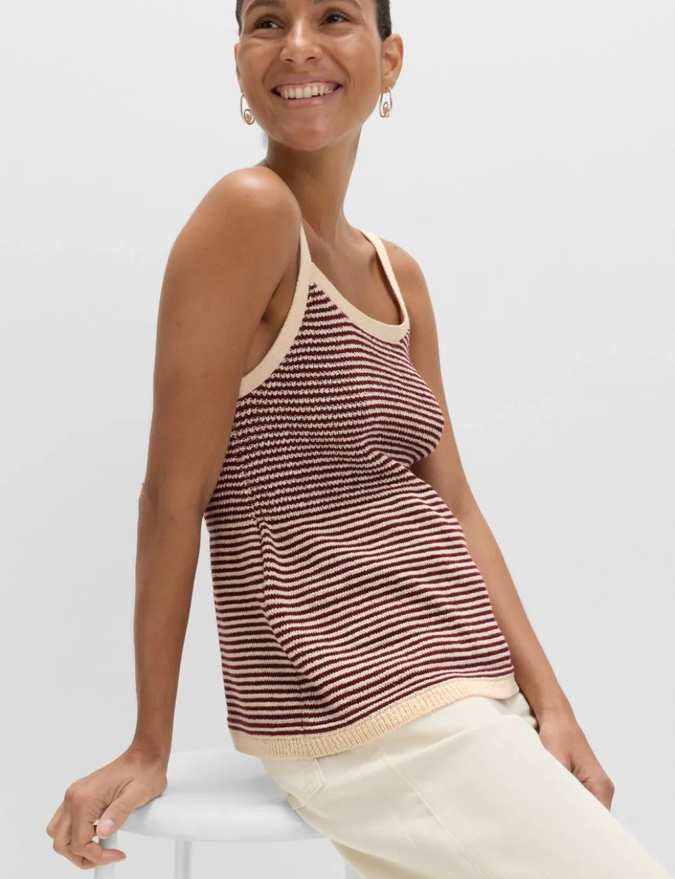 Cotton Blend Striped Square Neck Knitted Vest