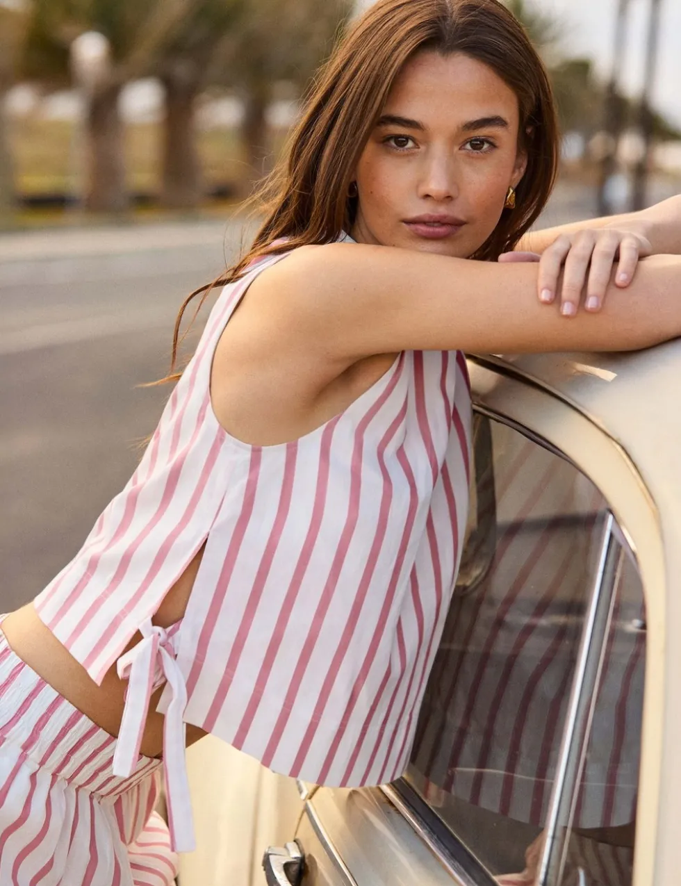 Cotton Blend Striped Tie Detail Shell Top