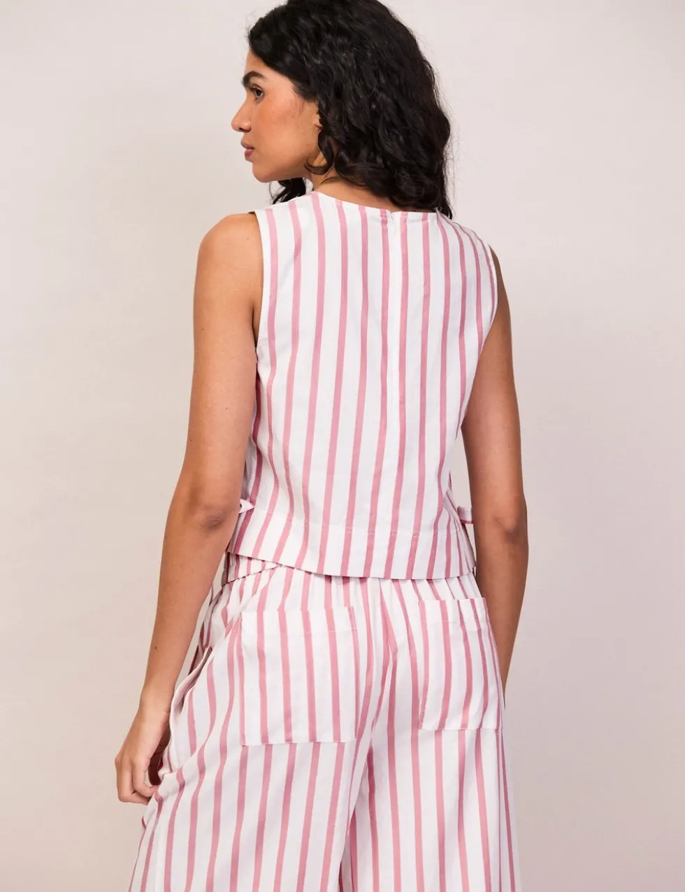 Cotton Blend Striped Tie Detail Shell Top