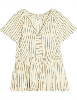 Cotton Blend Striped V-Neck Bubble Hem Top