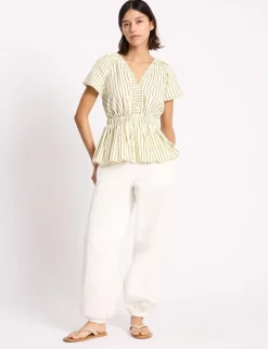 Cotton Blend Striped V-Neck Bubble Hem Top