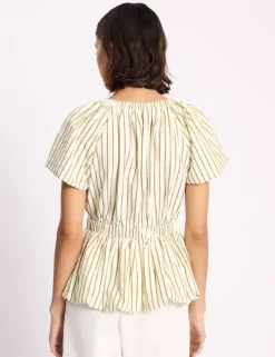 Cotton Blend Striped V-Neck Bubble Hem Top