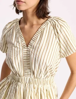 Cotton Blend Striped V-Neck Bubble Hem Top